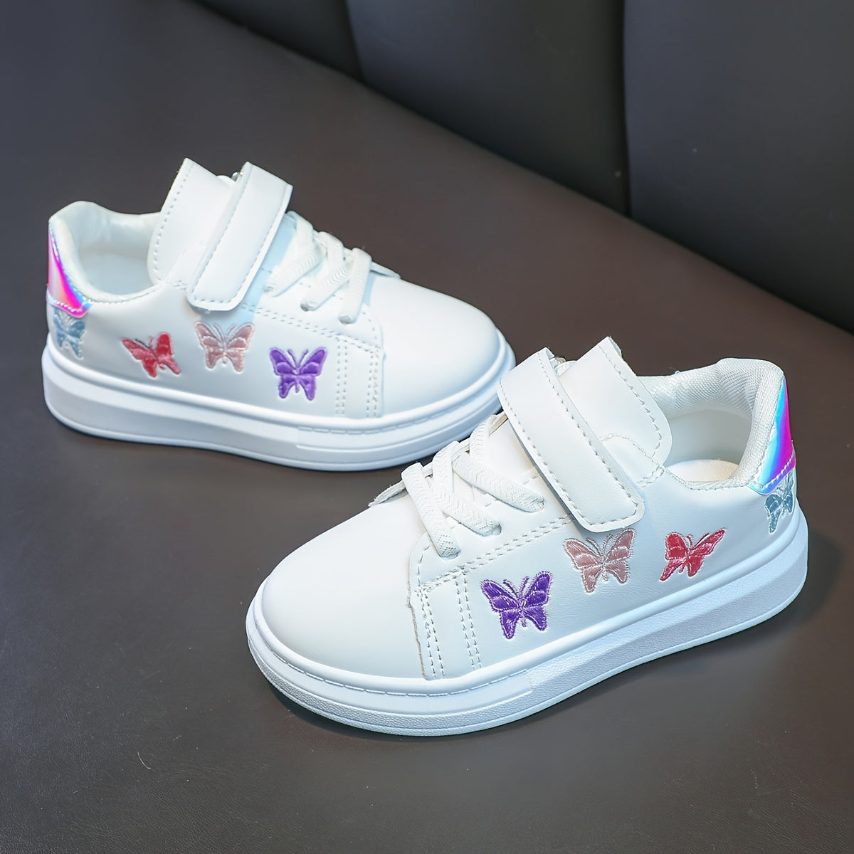 Girls White Sneakers with Strap Embroidered Butterfly Low Top Rubber Sole