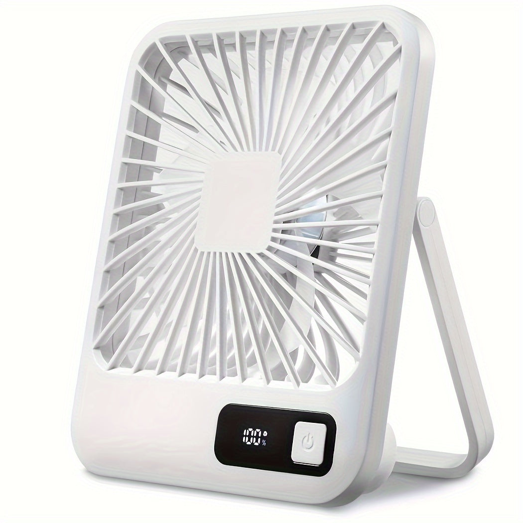 Portable USB Rechargeable Desk Fan with Digital Display, 5-Speed, 180° Tilt