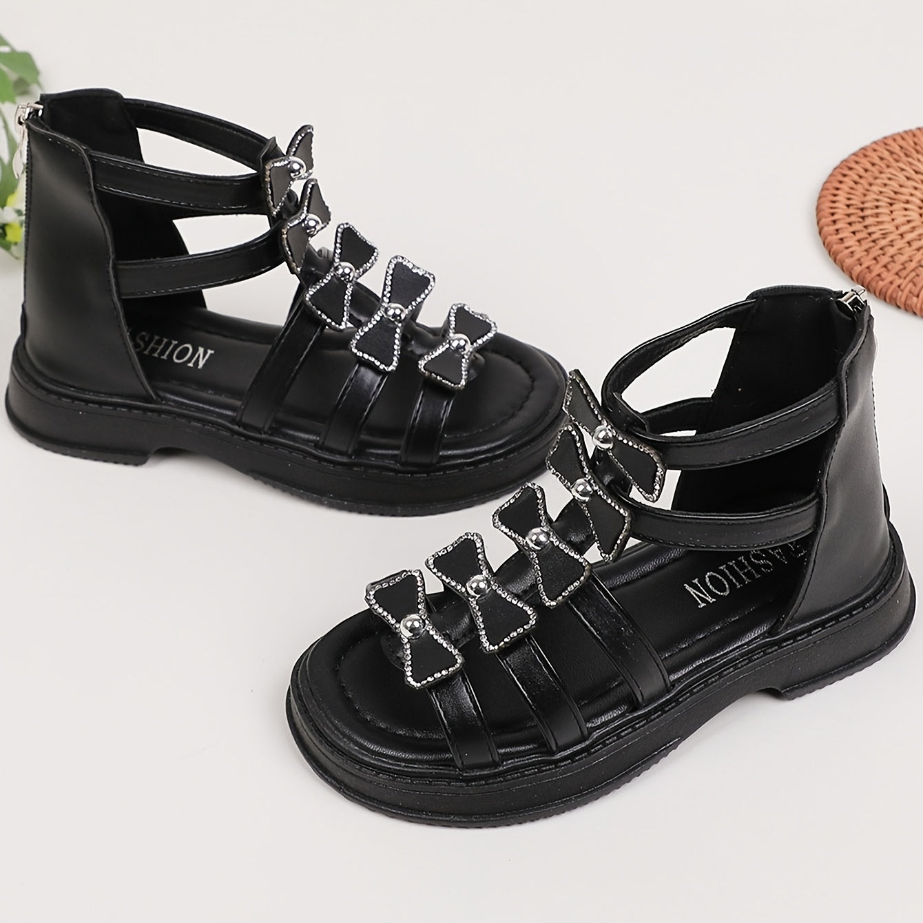 Girls Striped Mid-Top Roman Sandals with Zipper Closure PU Upper PVC Sole Summer Footwear