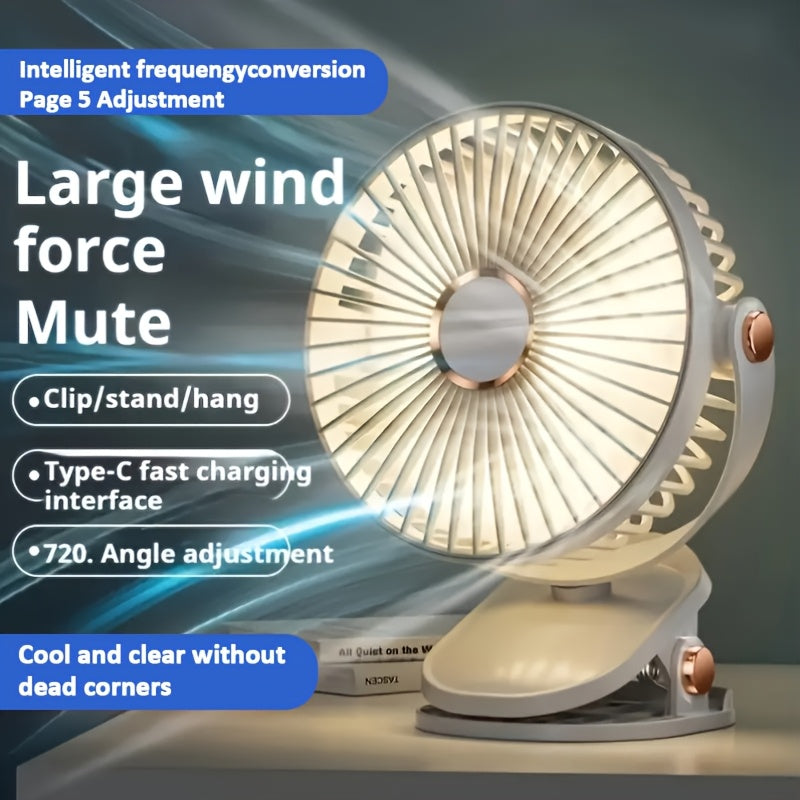 Portable USB Rechargeable Desk Fan with Nightlight, 5 Speeds, Clip-On, Quiet