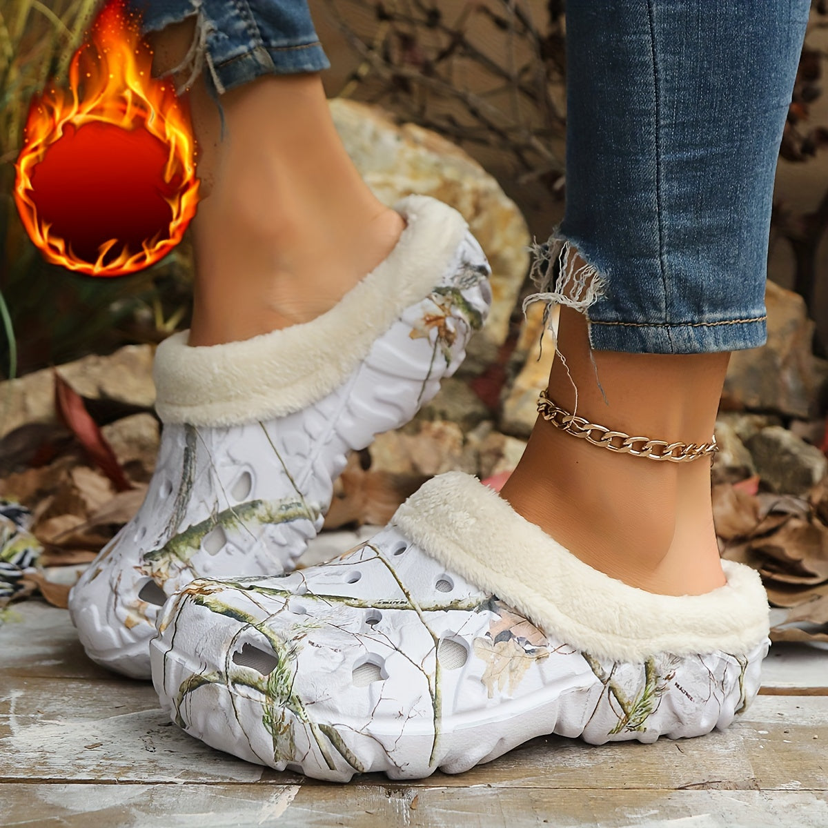 Women's Camouflage EVA Slip-On Shoes with Plush Faux Fur Indoor Outdoor