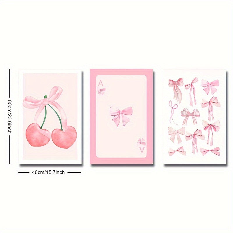 Set of 3 Pink Cherry Bow Canvas Wall Art Prints for Girl Room Bedroom Living Room Decor