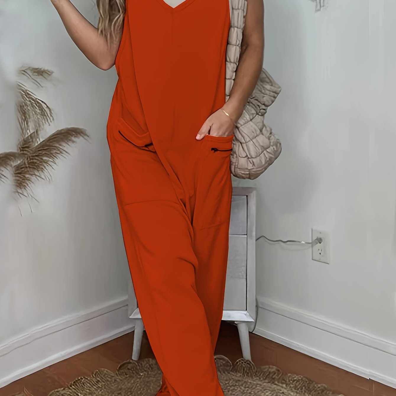 Женский оранжевый комбинезон больших размеров casual без рукавов с V-образным вырезом, удобный