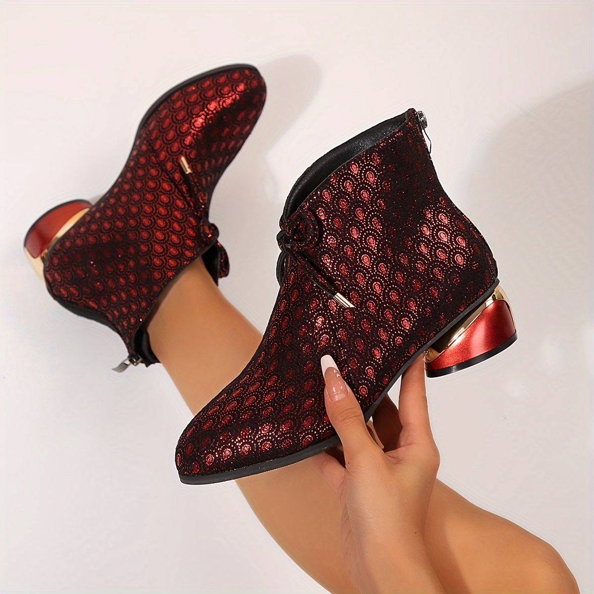 Women's Peacock Print Ankle Boots Chunky Heel Zipper Mid-Heel All-Season