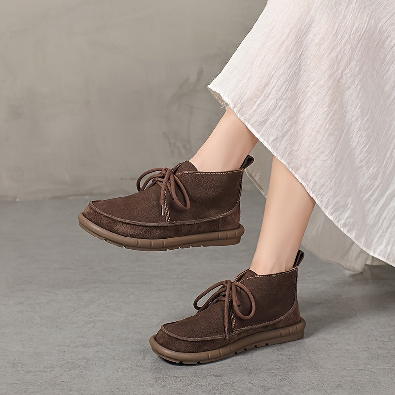 Women Cow Leather Ankle Boots Solid Color Lace-Up Flat Heel All-Season