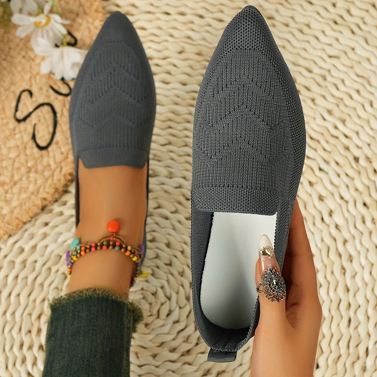 Women's Breathable Slip-On Mary Jane Flats with Fabric Upper and Rubber Sole