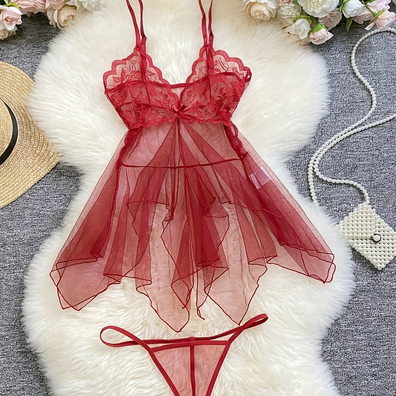 Women Mesh Lingerie Set with Suspender Sleep Dress