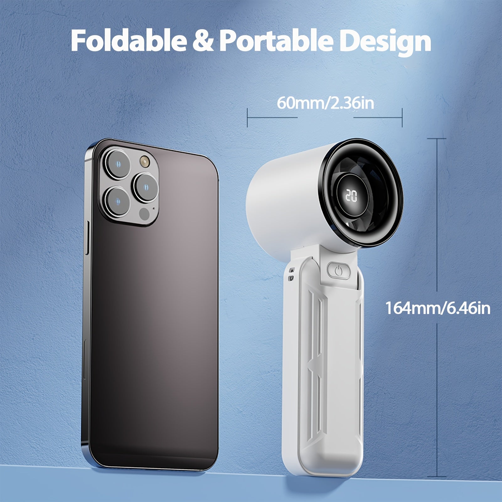 Portable Handheld Turbo Fan with Rechargeable Battery, Foldable, Neck Strap