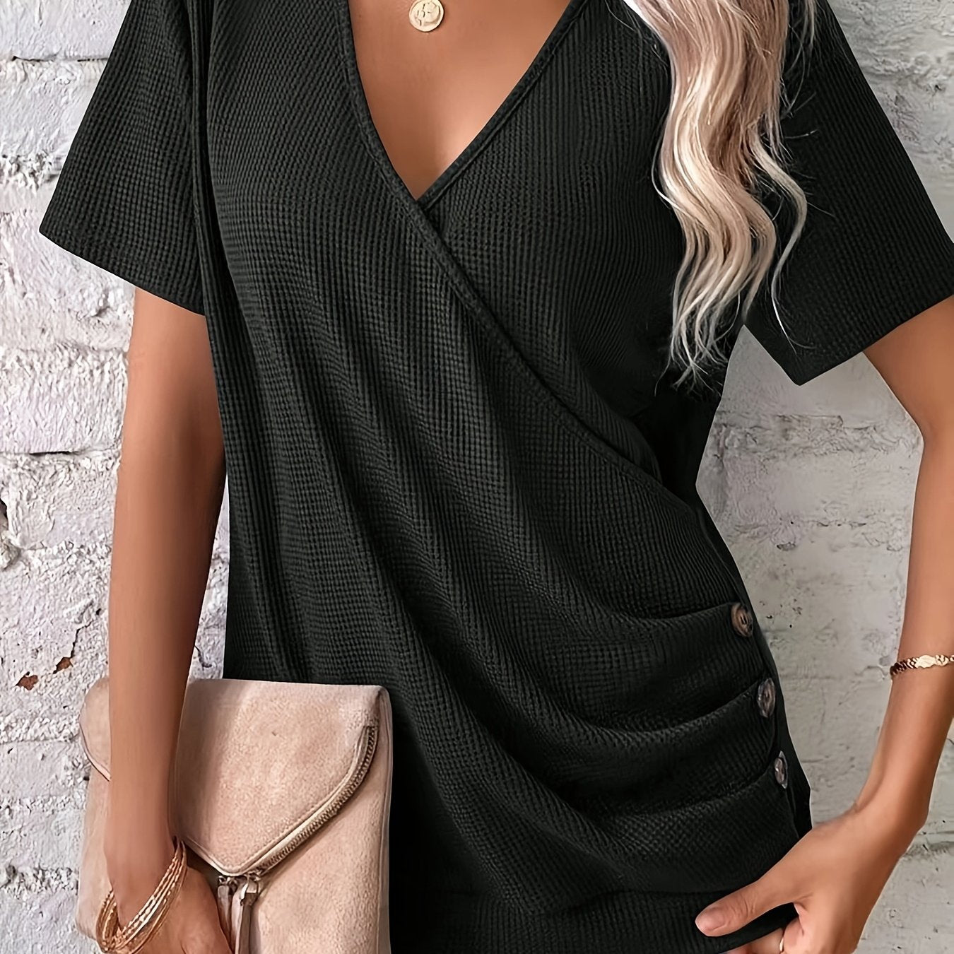 Plus Size Waffle T-Shirt Hot Extended Solid Color T-Shirt