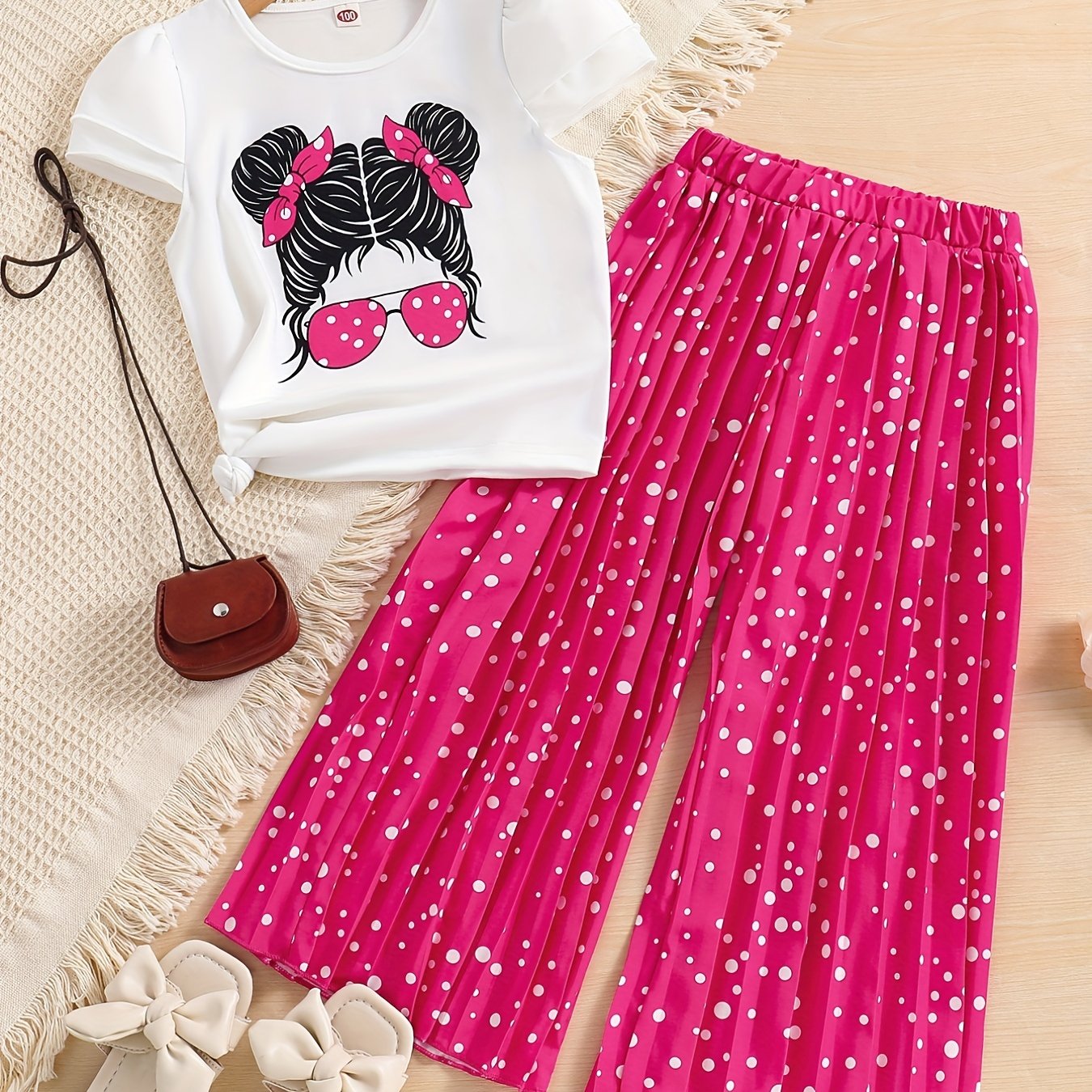 Conjunto de verano de 2 piezas para niñas, camiseta con estampado de dibujos animados y pantalones de lunares, conjunto casual