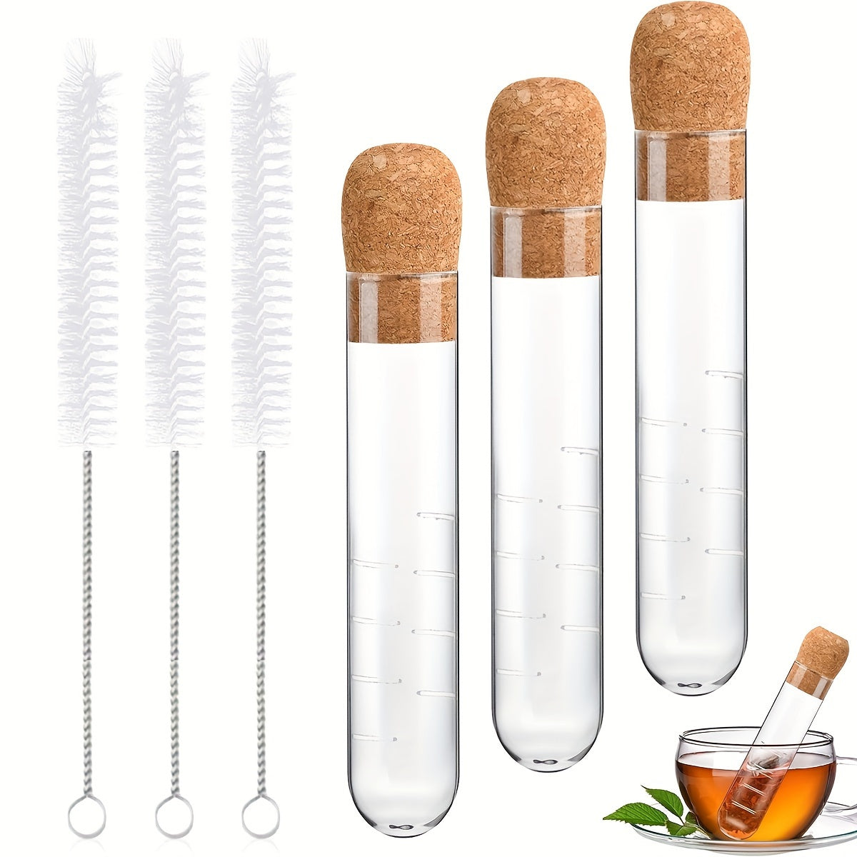 Infusor de té de vidrio con tapa de corcho, filtro grande reutilizable para té de hojas sueltas