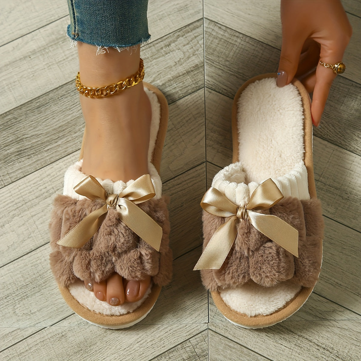 Women's Fuzzy Warm Slippers, Non-slip Plush Shoes with Bowknot Decoration