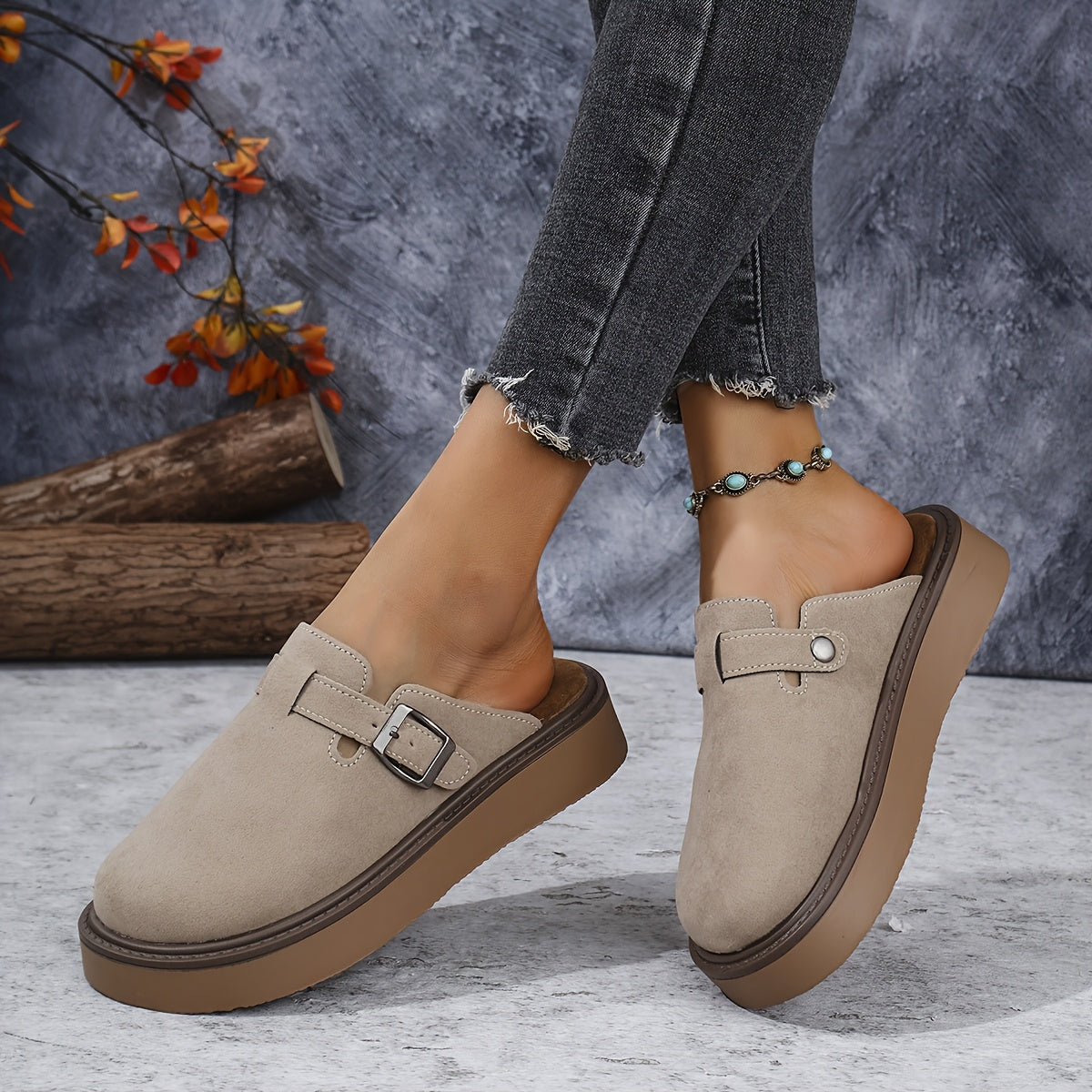 Women's Casual Buckle Loafers All-Season PU Upper Rubber Sole Flannel Insole