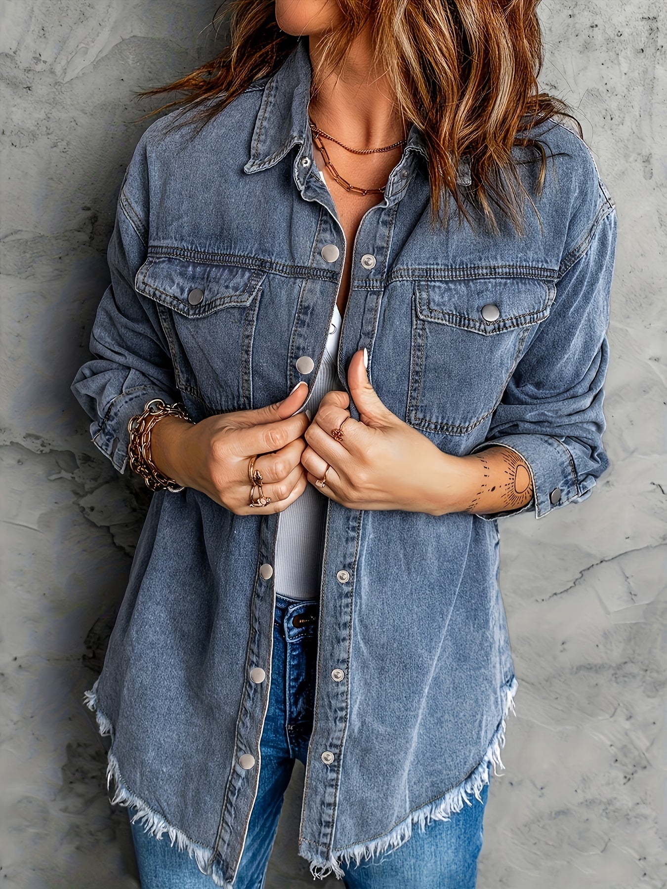 Women's Denim Long Sleeve Shirt with Frayed Hem Solid Color All Seasons