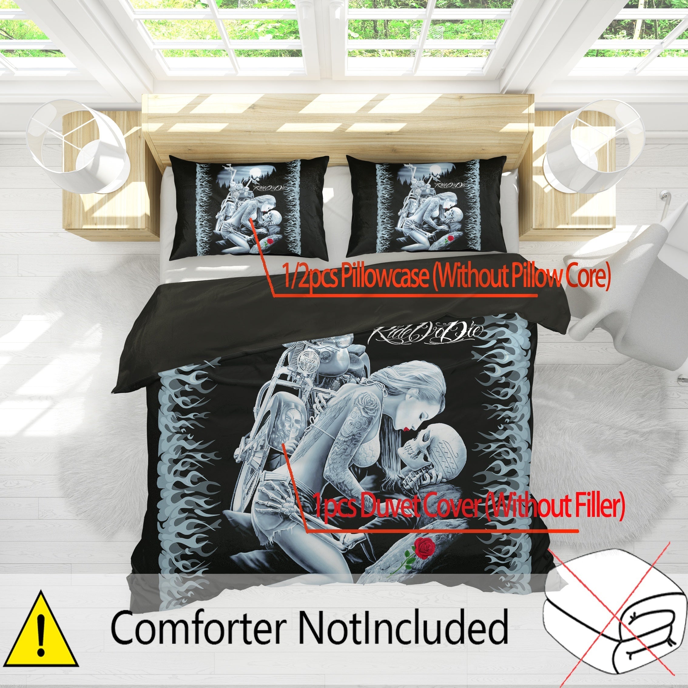 Skull Rose Print Duvet Cover Set with Pillowcases for Bedroom or Guest Room