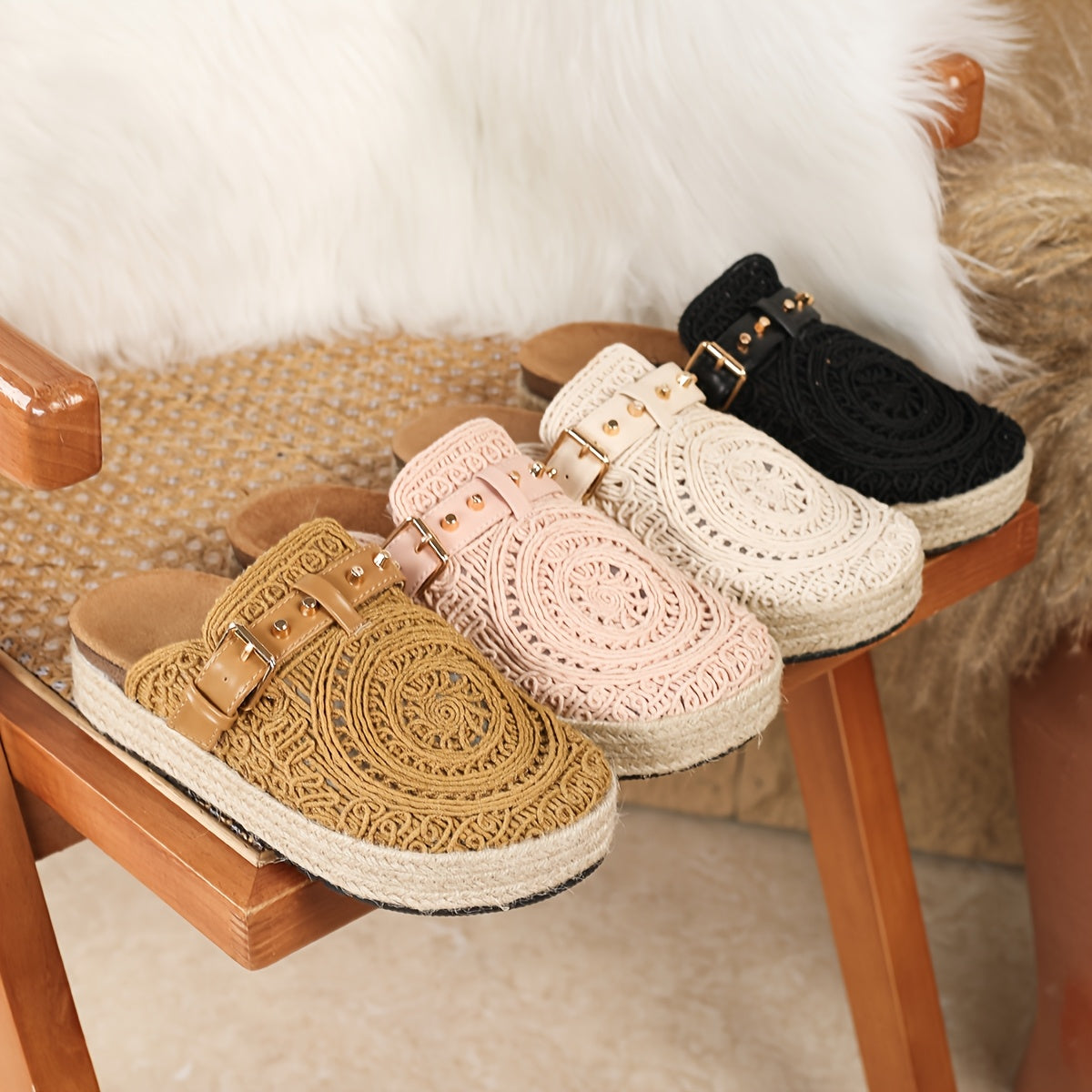 Women Summer Retro Slide Sandals Geometric Cut-Out Embroidery Rubber Sole