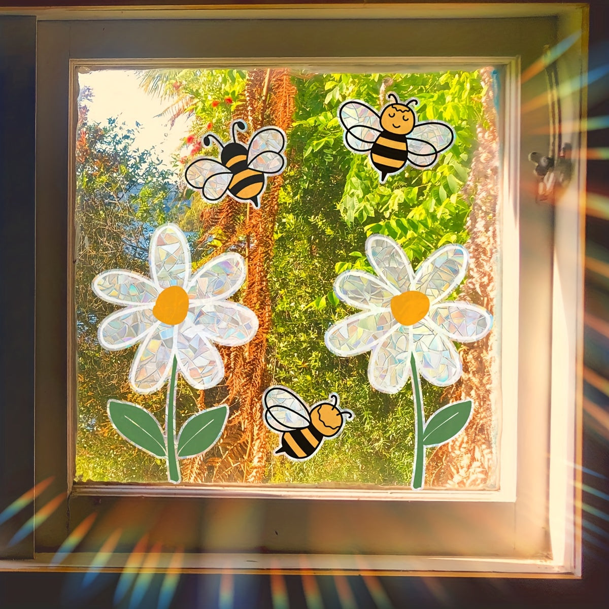 Colorful Flower Bee Sunlight Window Sticker 30x42cm Static Cling Decor