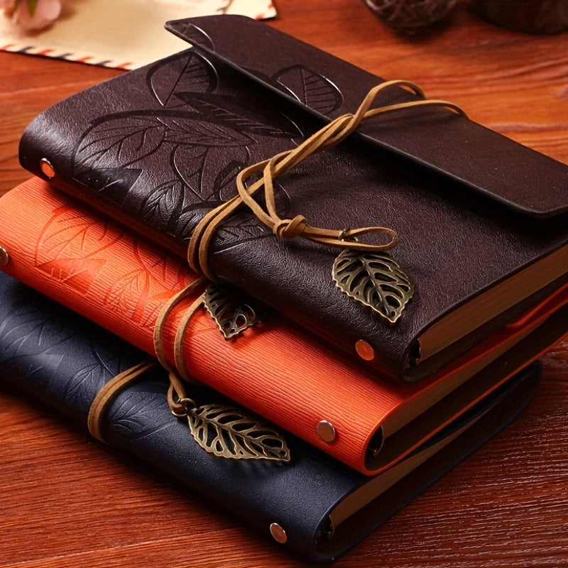 Vintage Faux Leather Notebook Spiral Bound Leaf Embossed Strap Closure for Students Travelers