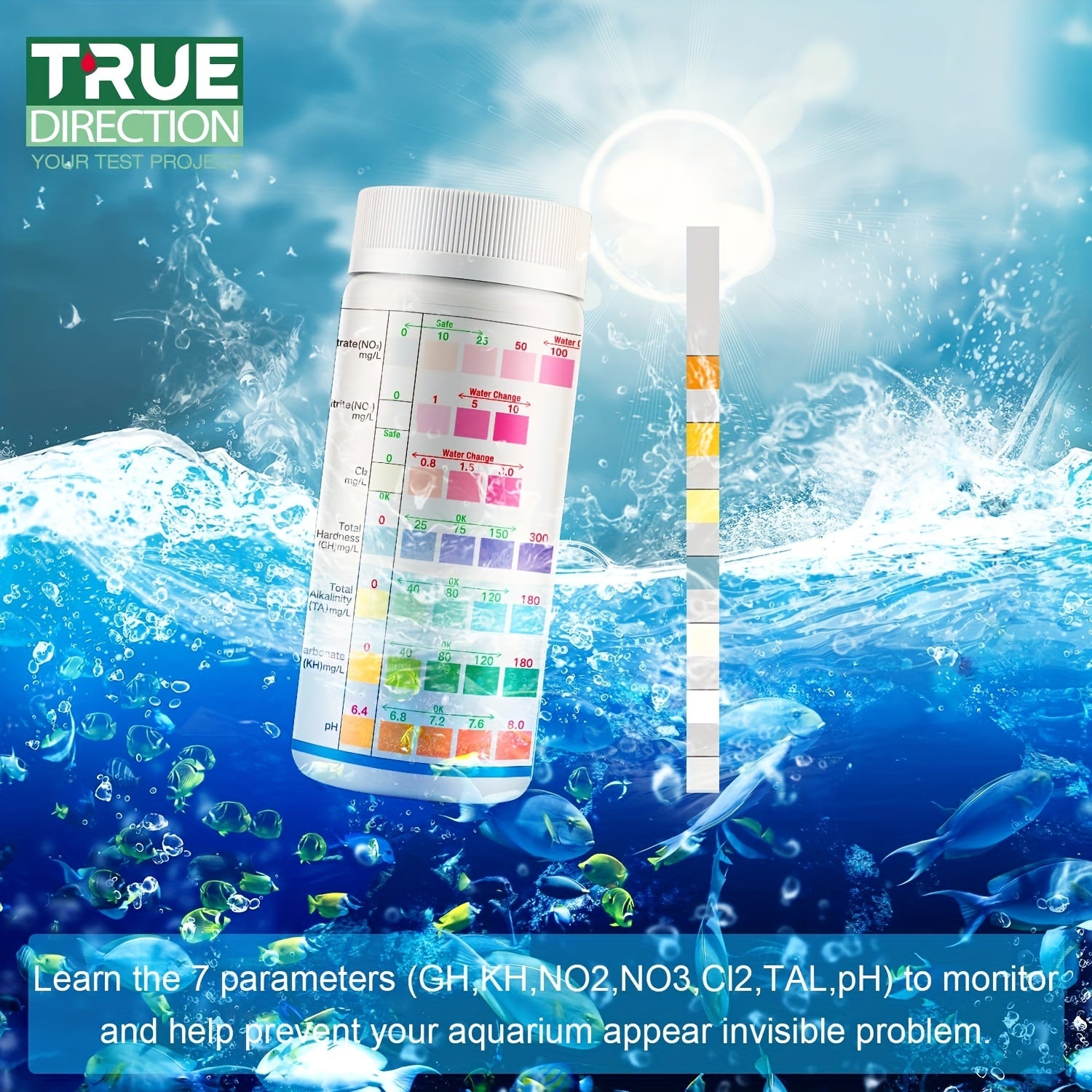 7-Way Aquarium Test Strips for Freshwater Saltwater Fish Tanks Ponds Water Quality
