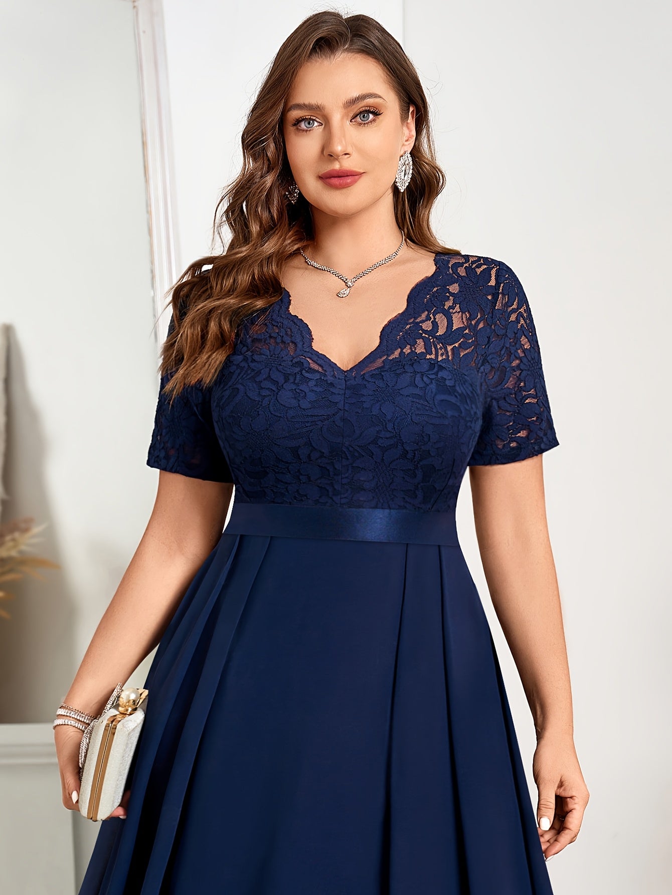 Plus Size Lace V-Neck Chiffon Dress for Women Short Sleeve Green