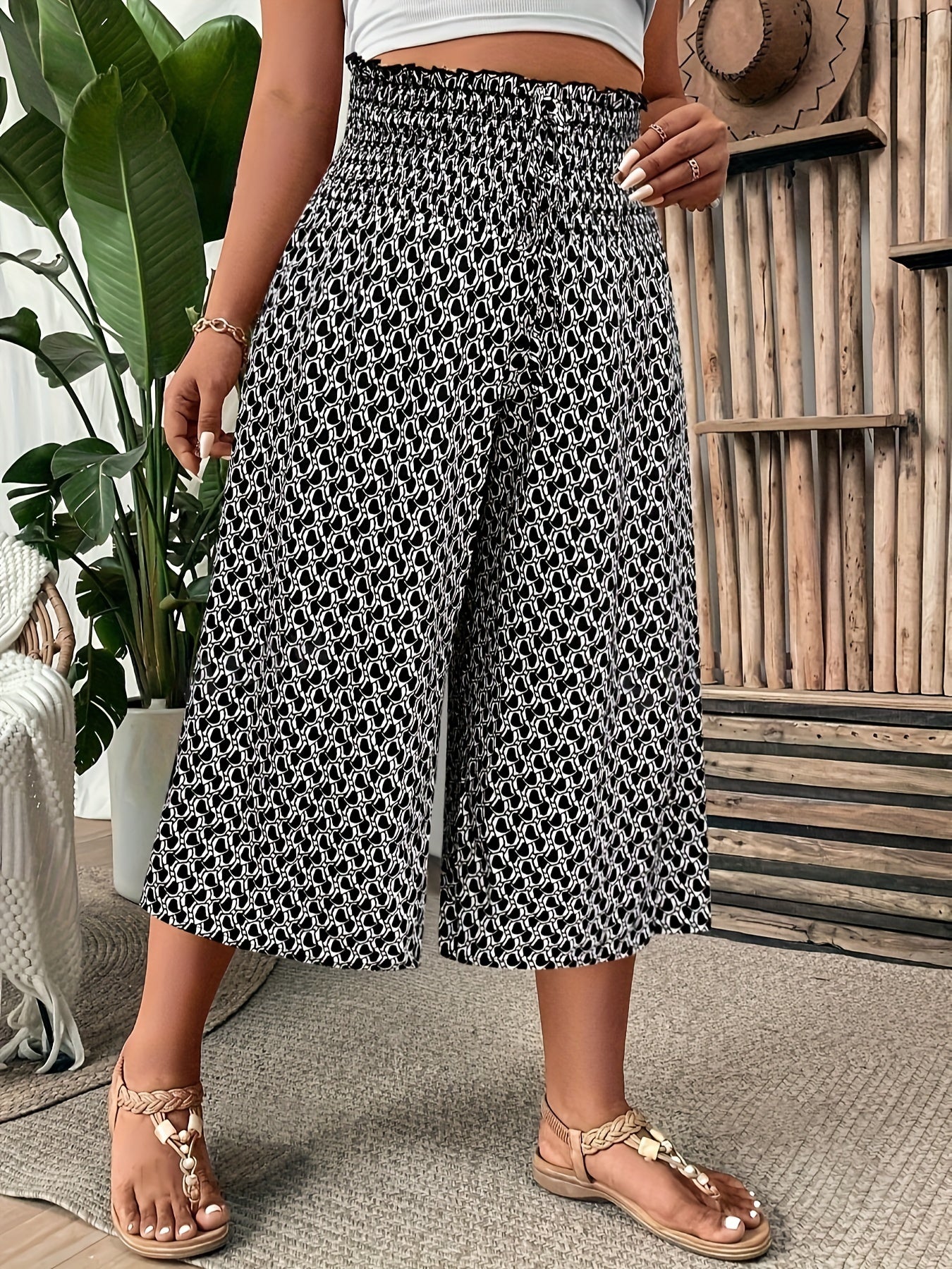 Women's Plus Size Mid-Length Smocked Print Pants with All-Season Comfort