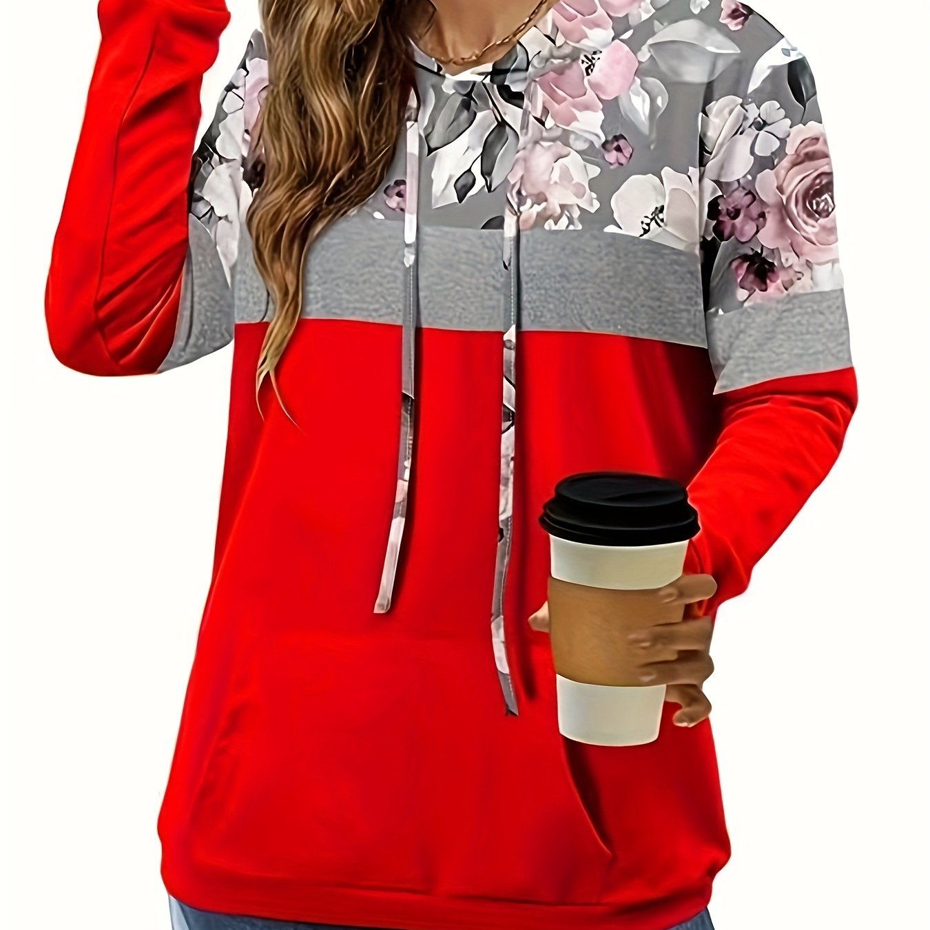 Plus size ayollar uchun rangblokli gul bosma kapşonli kiyim va cho‘ntaklar bilan