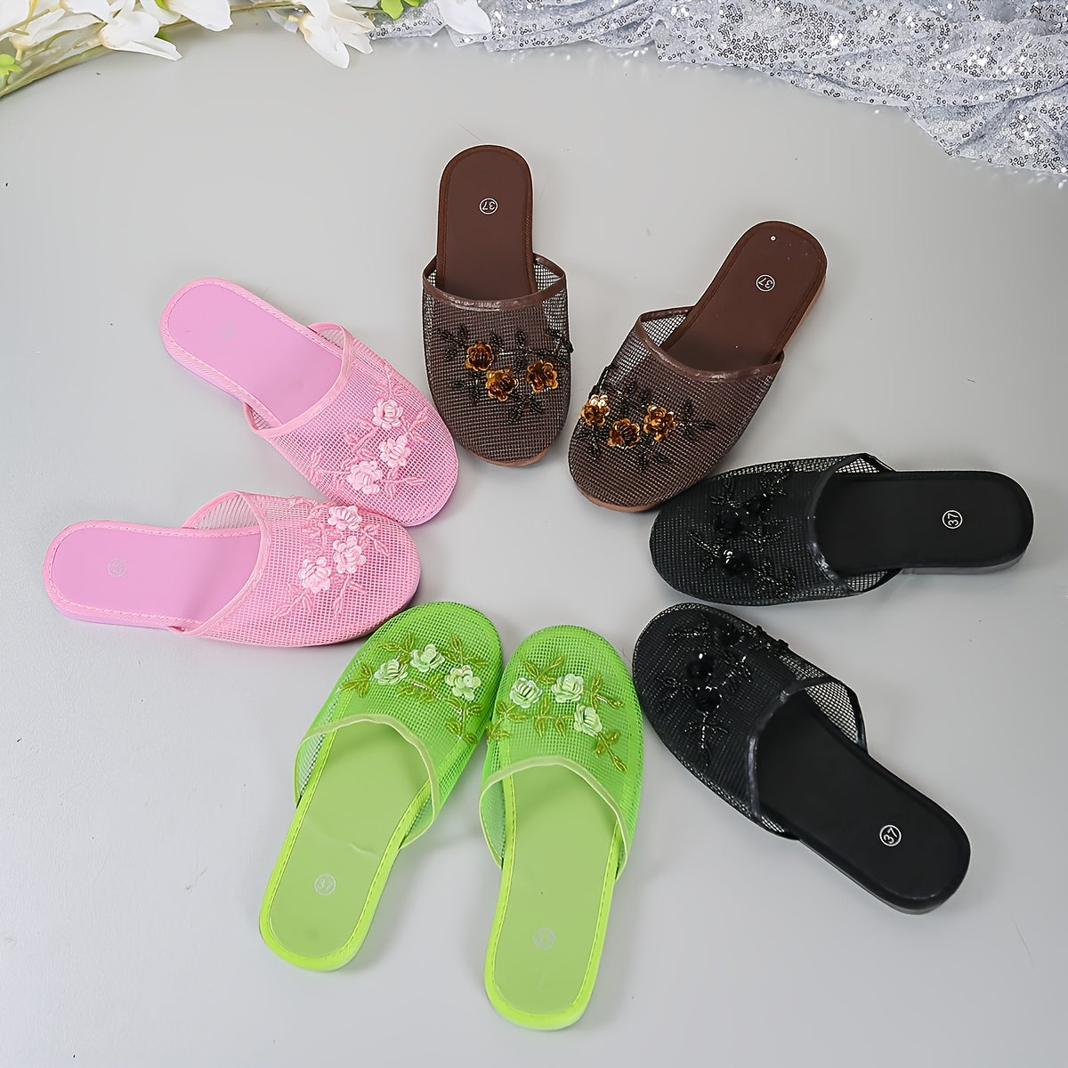 Women's Beaded Floral Slides Lightweight Summer Indoor Shoes Breathable Mesh Almond Toe EVA Sole