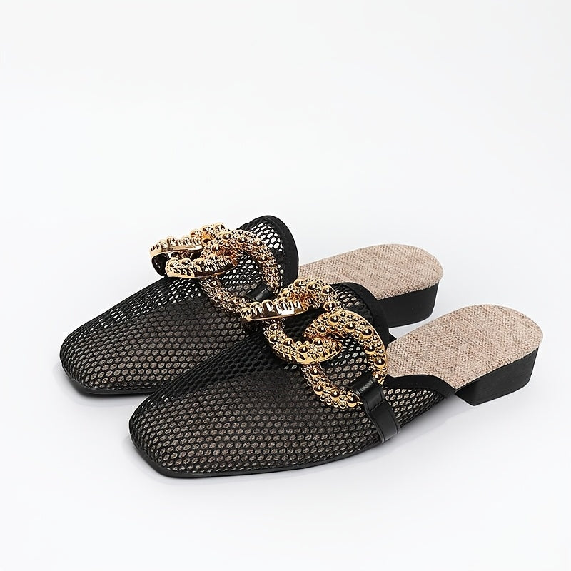 Women's Summer Slide Sandals with Chain Decoration Breathable Mesh