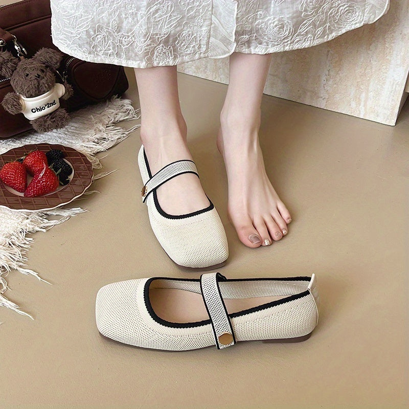 Women's Knit Square Toe Mary Jane Flats Yellow Fabric Casual Dressy Shoes