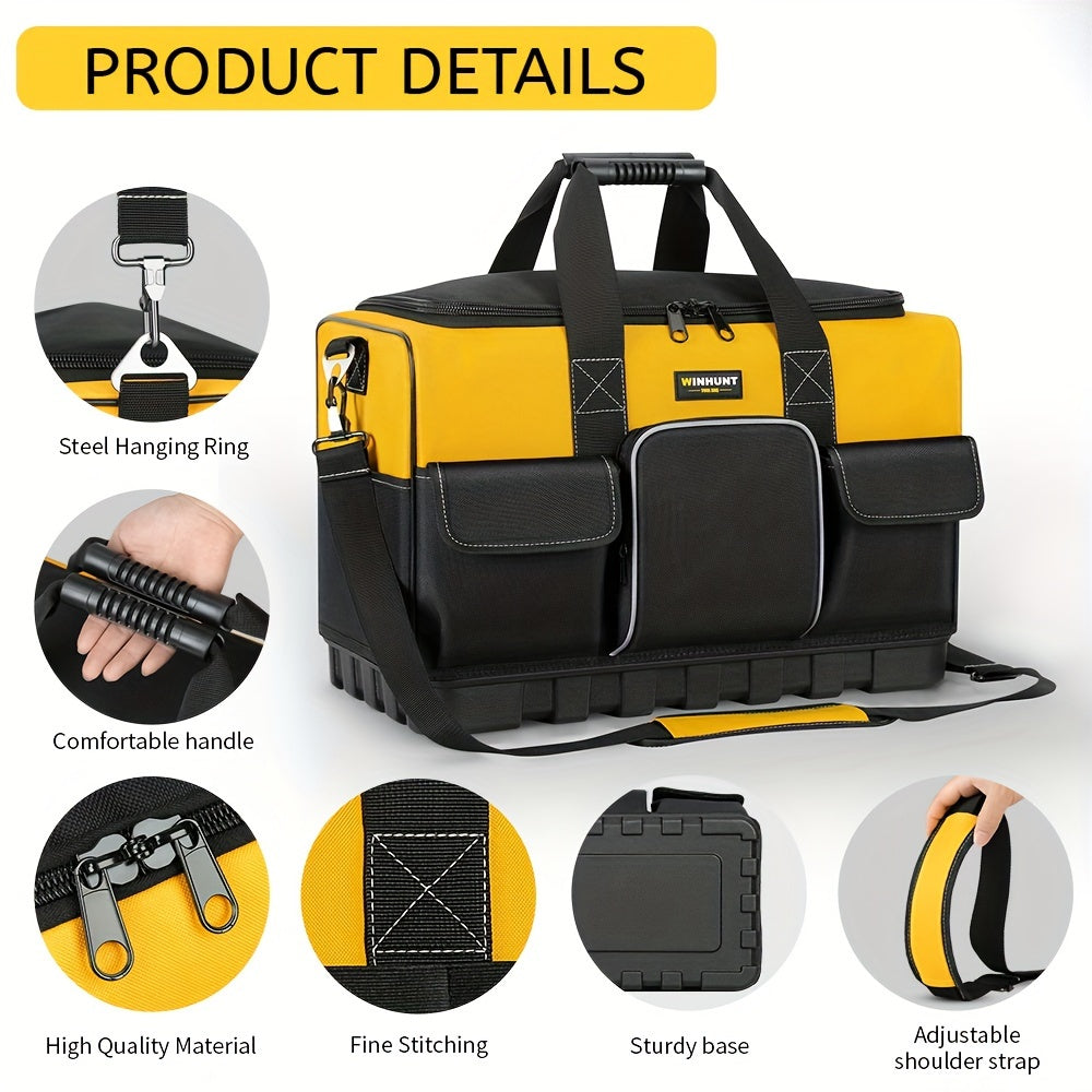 Large Waterproof Heavy Duty Tool Bag with Molded Base Polyester Black Yellow Adjustable Shoulder Strap