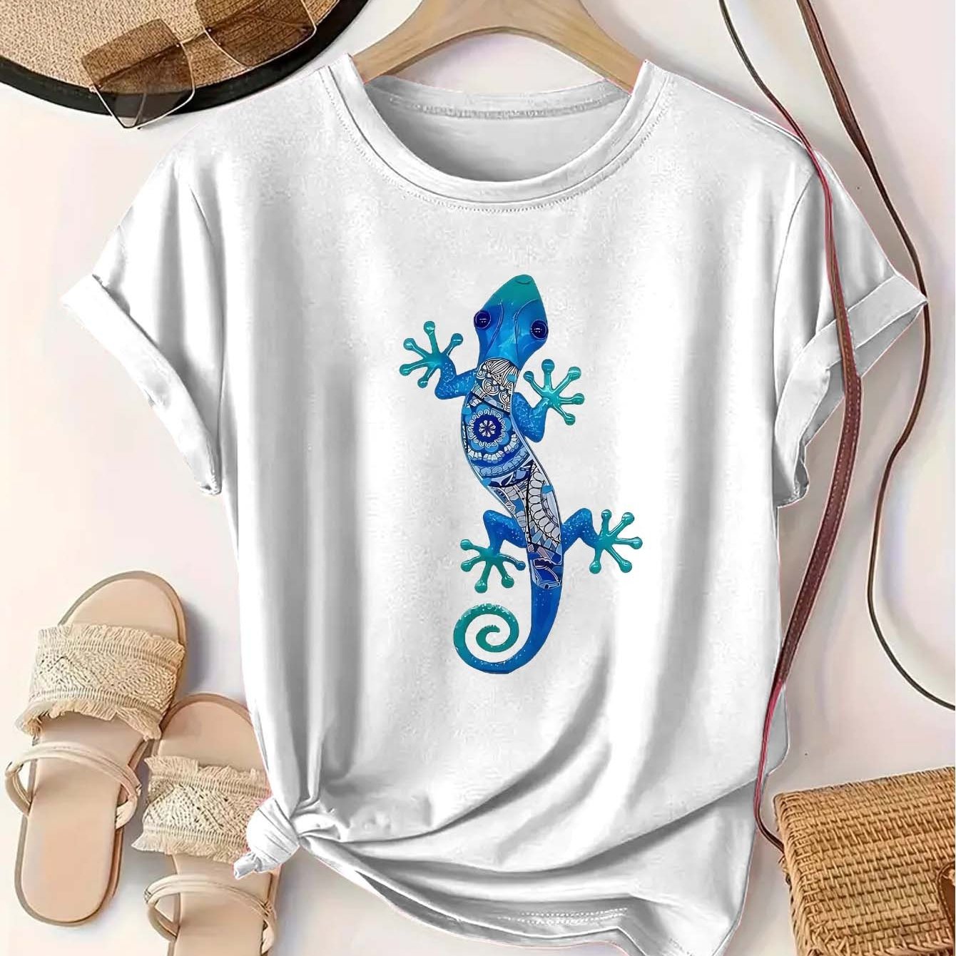 Camiseta de algodón casual para mujer talla grande, negra y azul con estampado de lagarto, comodidad para todas las estaciones