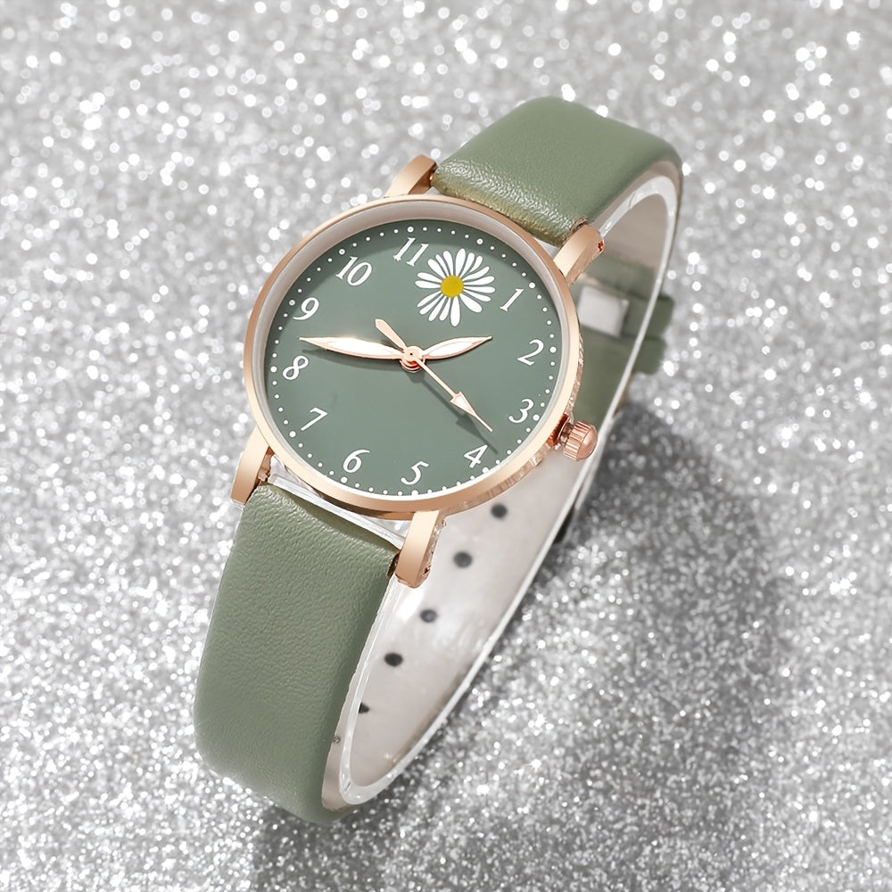 Conjunto de reloj de cuarzo Daisy Flower para mujer con reloj de cuero y pulsera