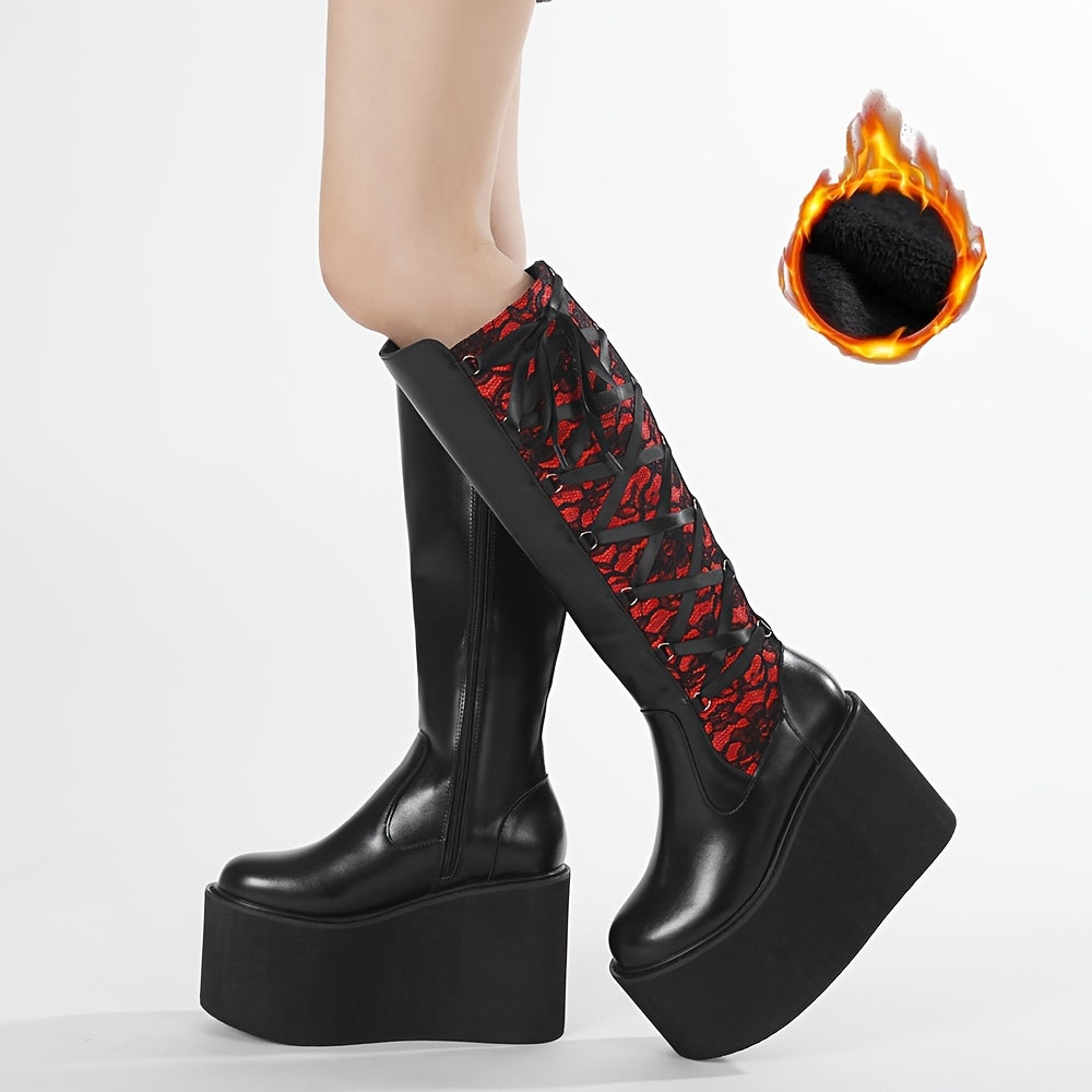 Women's Faux Leather Floral Lace-Up Knee-High Winter Boots Black Red Wedge