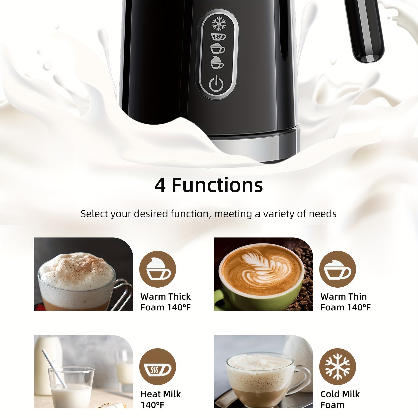 4-in-1 Automatic Milk Frother Black Stainless Steel for Coffee and Latte Art