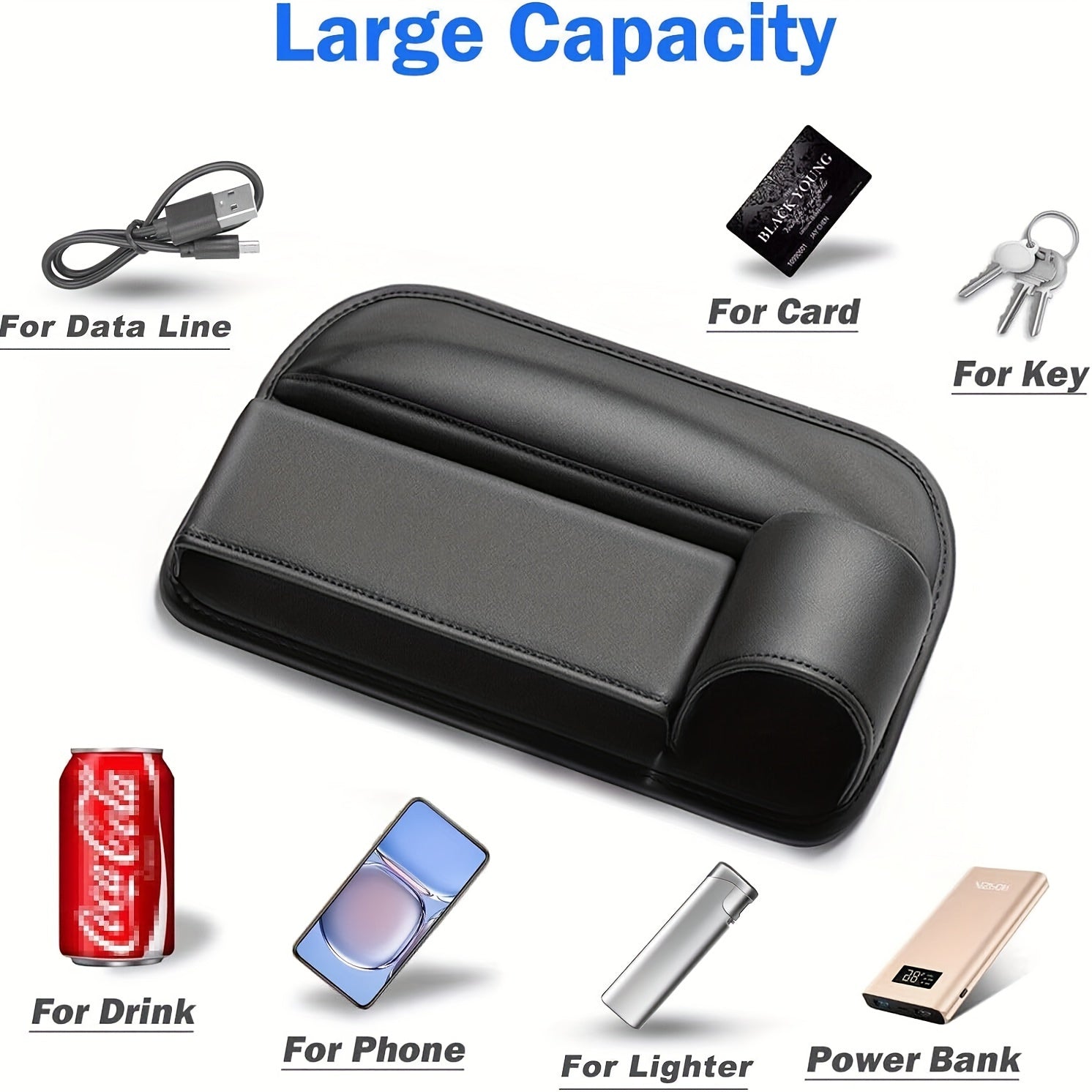 Black Universal Car Seat Gap Organizer with Cup Holder and Armrest Storage