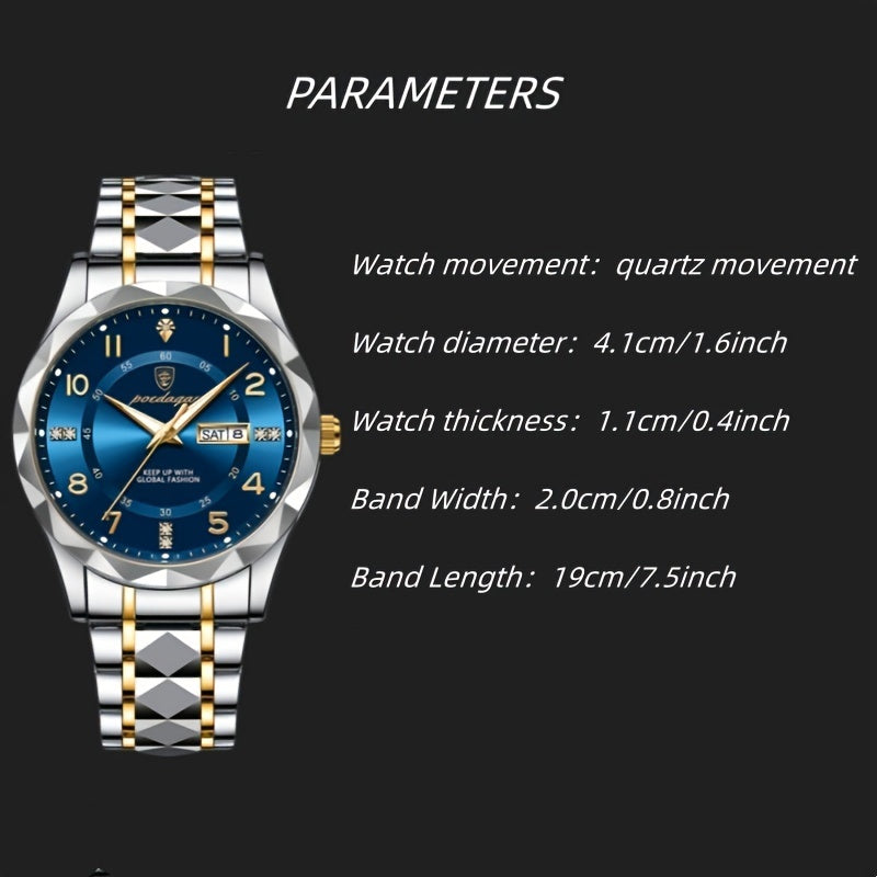 Men's Quartz Watch Water-Resistant 20m Alloy Case Stainless Steel Strap Business Style