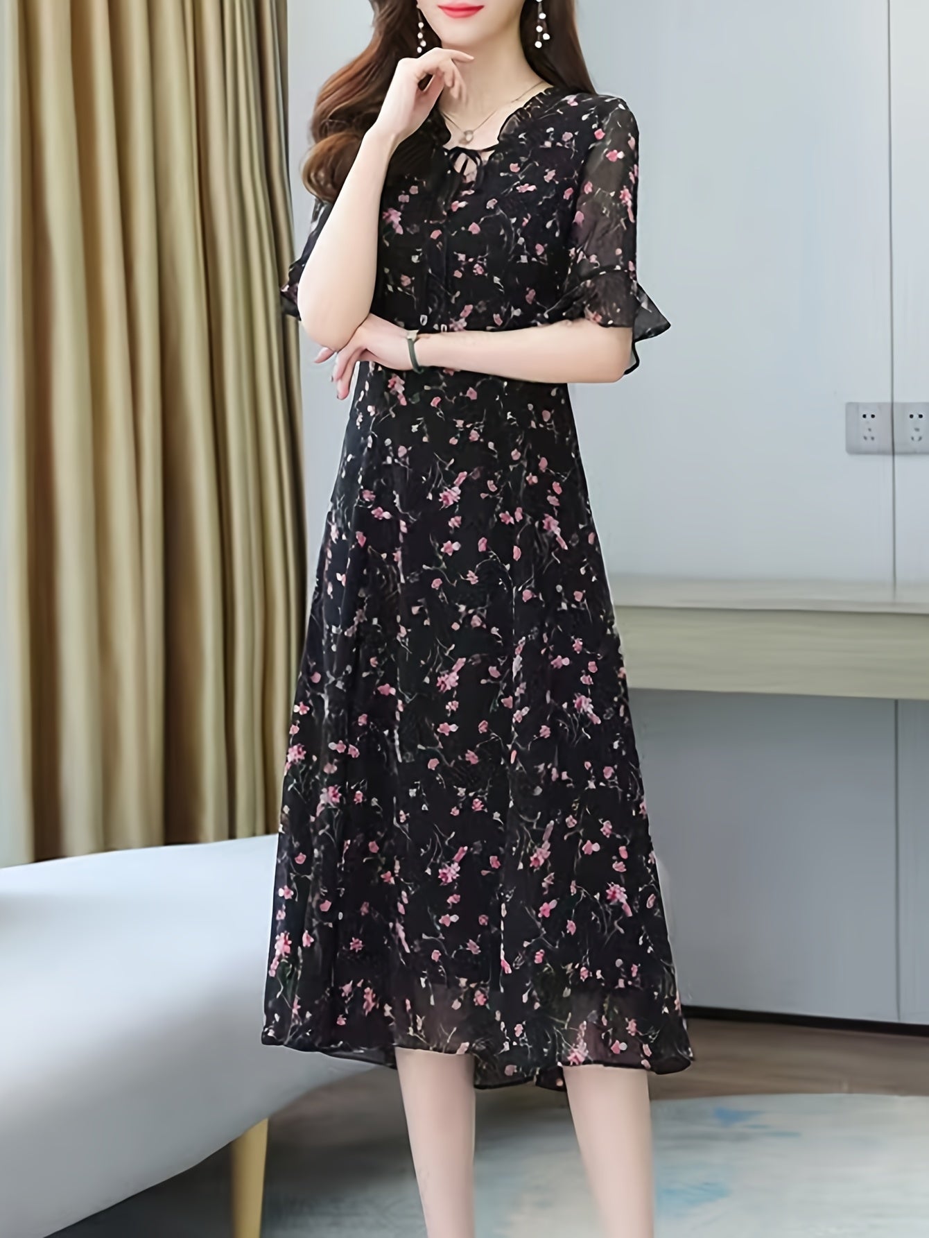 Women's Floral Print Tie Neck A-Line Dress Short Sleeve Spring Summer