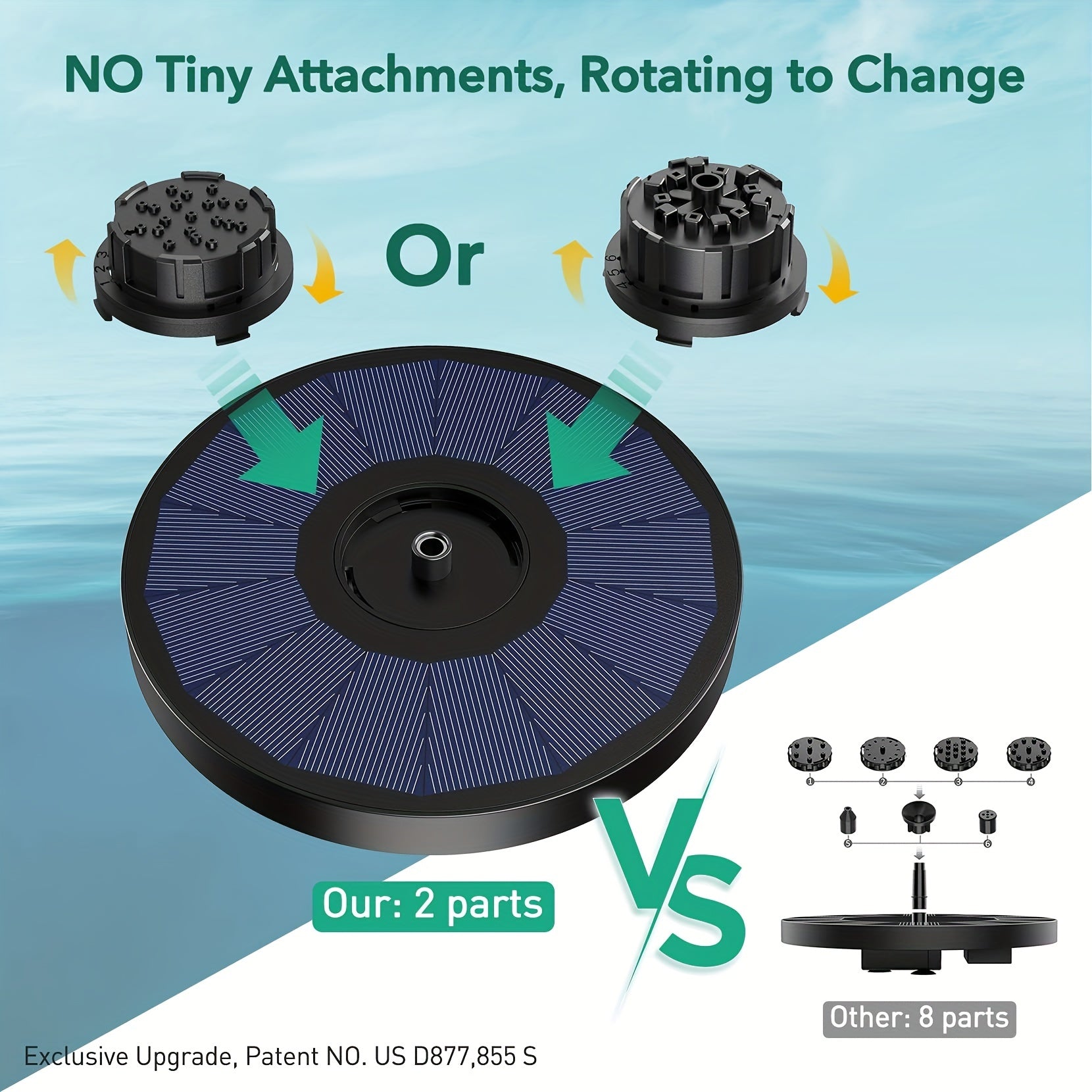 Qush hammomlari, hovuzlar va bog'lar uchun energiya tejamkor quyosh fontan nasos; yuqori sifatli, elektr energiyasi talab qilinmaydi.