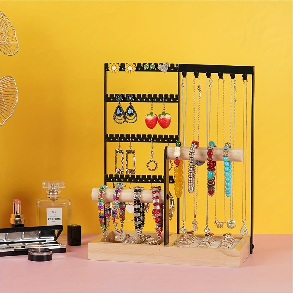 White Wooden Jewelry Organizer Stand with 5 Tiers and Iron Necklace Hooks