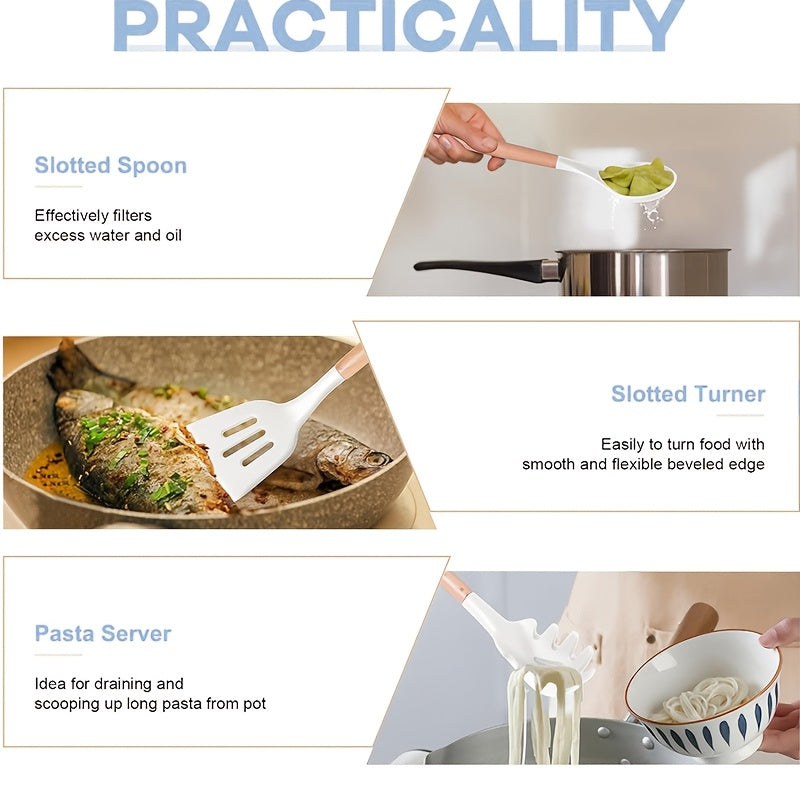 Набор из 12 антипригарных кухонных принадлежностей с подставкой - включает в себя лопатку с деревянной ручкой, щипцы, шпатель и многое другое - идеально подходит для домашних кухонь