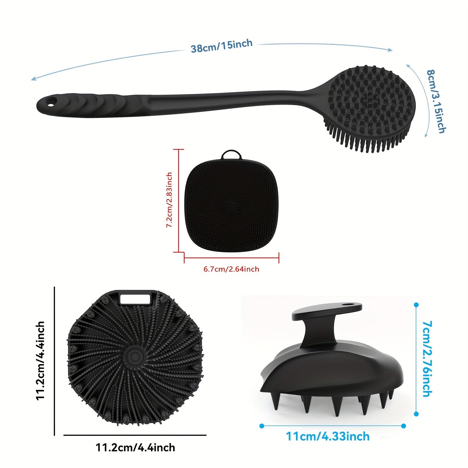 4-Piece Silicone Bath and Shower Brush Set with Dual-Sided Long Handles for Back Face and Scalp Massage