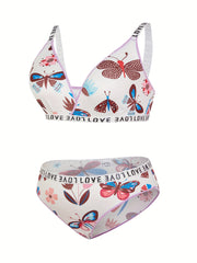 Plus Size Sexy Lingerie Set Butterfly Print Wirefree Bra and Panty