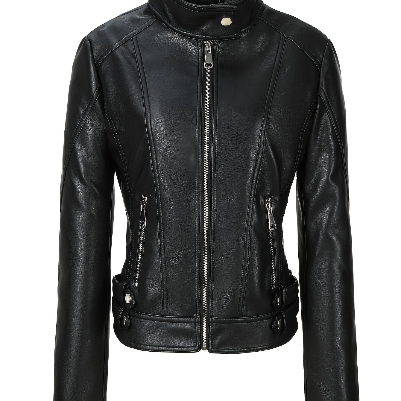 Women's Faux Leather Biker Jacket with Stand Collar and Zipper for Spring Fall Casual Wear