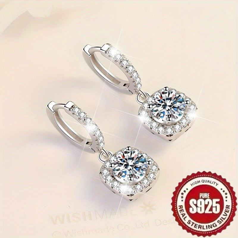 Sterling Silver Square Pendant Earrings with Synthetic Zirconia Retro Elegant Design