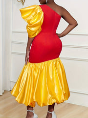 Plus Size Satin Color Block One Shoulder Midi Dress for Party
