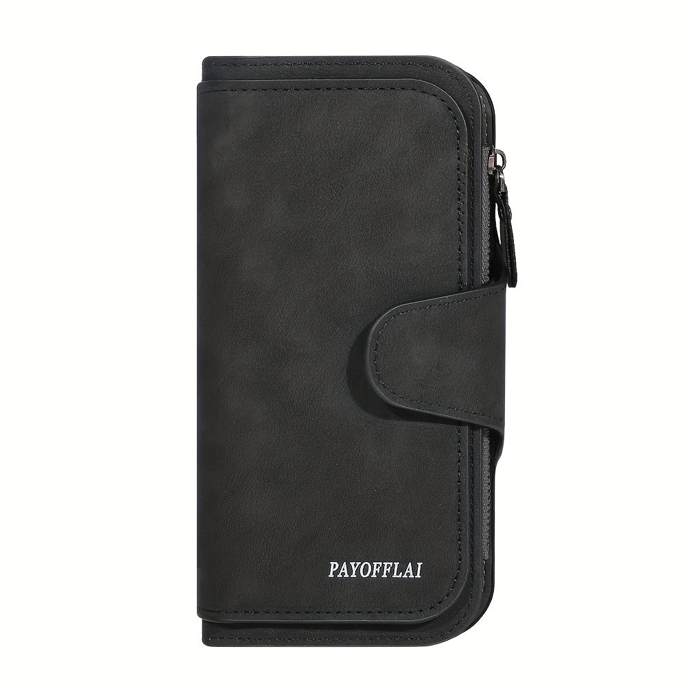 Yangi vintage uslubidagi ayollar uchun uzun hamyon, sun'iy charmdan tayyorlangan, tugmachali yopiq, zip cho'ntak, naylon astar, ko'p kartochka joylari va chet bo'yash tafsiloti bilan.