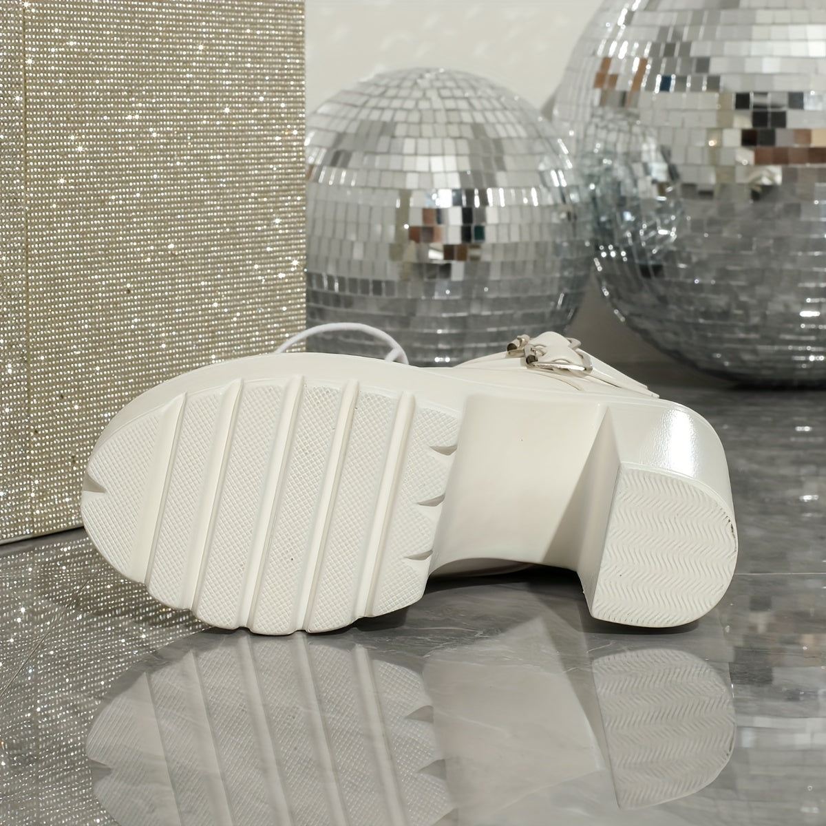 Women's White Platform Ankle Boots with Chunky Heel and Non-Slip Sole