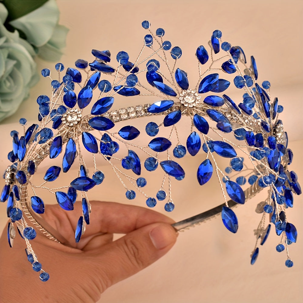 Boho Bridal Tiara Rhinestone Beaded Crown Headband Wedding Accessory in Red Green Blue