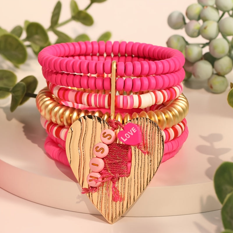 Pink Resin Beaded Heart Pendant Bracelet Bohemian Style for Women