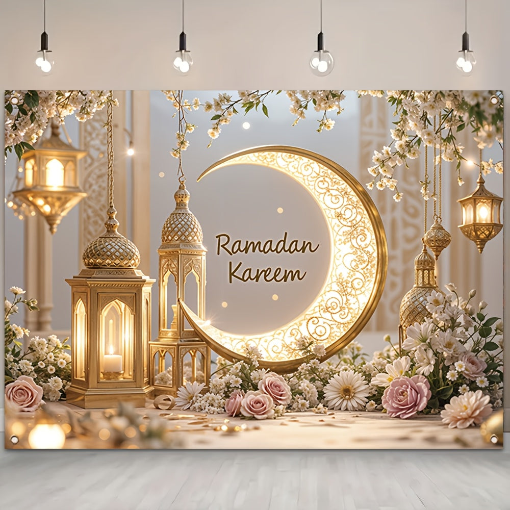 1 dona Elegant Ramazon Mural Banner, Polyester, Oltin Yarim Oy va Chiroq Dizayni bilan, Xonani va Partiyani bezash uchun mustahkam devor dekoratsiyasi, Yangi yil va Eid Al-Fitr uchun bayramona uy bezaklari